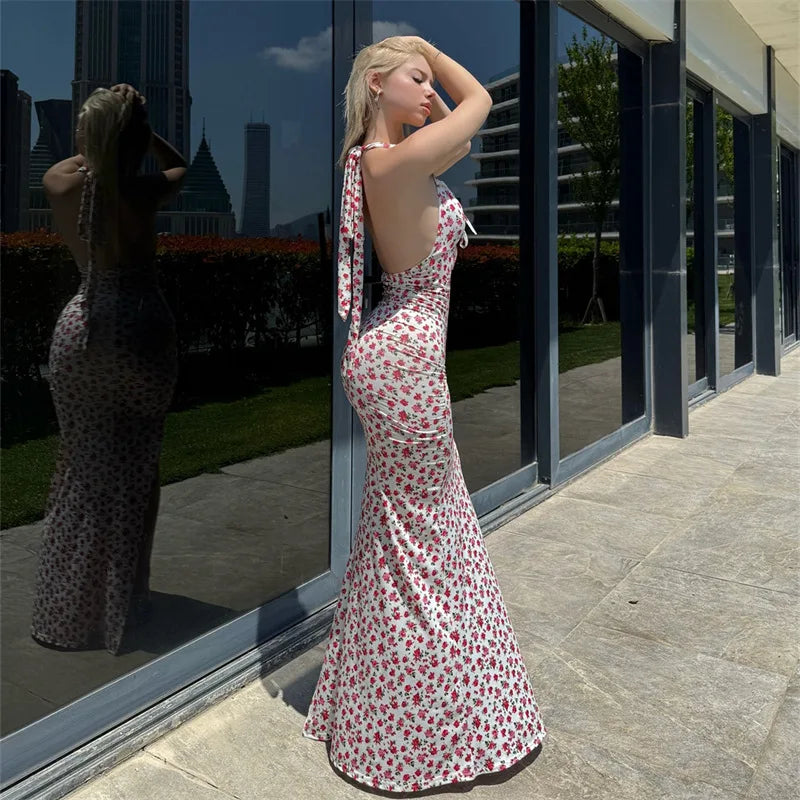 Glorol - Printed Sleeveless Backless Slit Maxi Dress