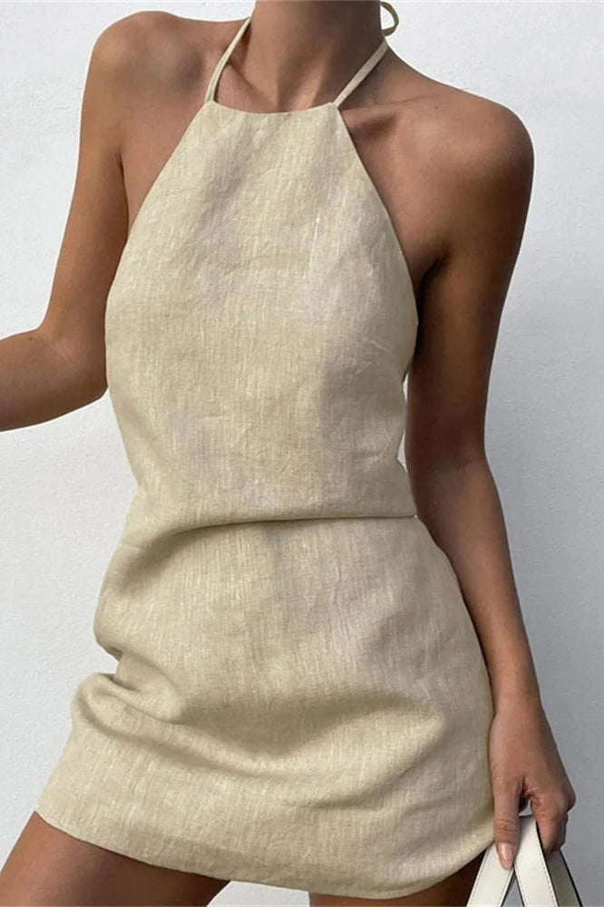 Glorol - Off-Shoulder Backless Lace-Up Patchwork Mini Dress