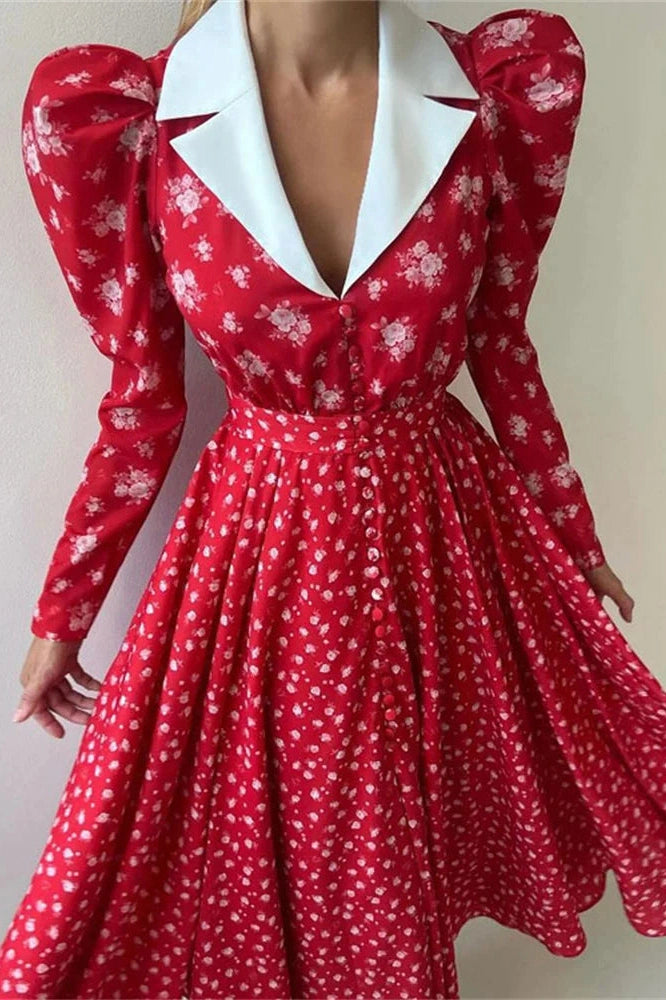 Glorol - Printed V-Neck Patchwork Long Sleeve High Waist Midi Dress
