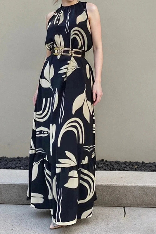 Glorol - O-Neck Sleeveless Pleated High Waist Printed Maxi Dress