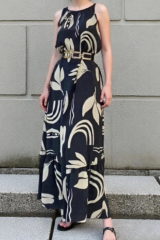 Glorol - O-Neck Sleeveless Pleated High Waist Printed Maxi Dress