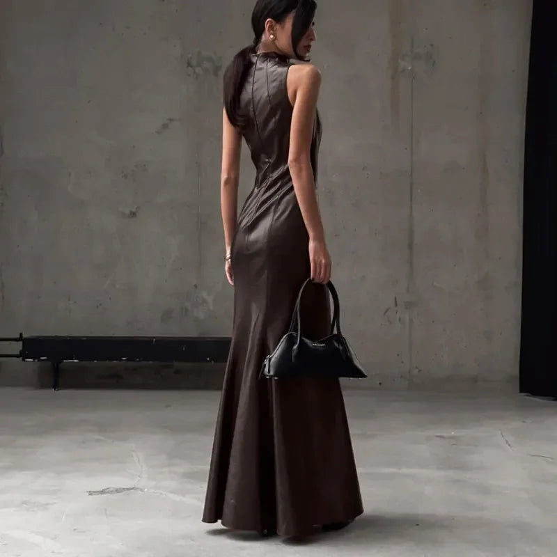 Glorol - PU Leather Patchwork High Waist Sleeveless Maxi Dress