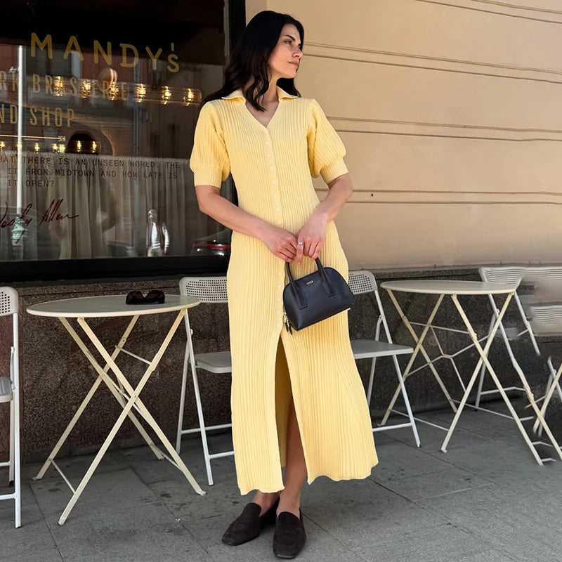 Glorol - Puff Sleeve Knitted Maxi Dress