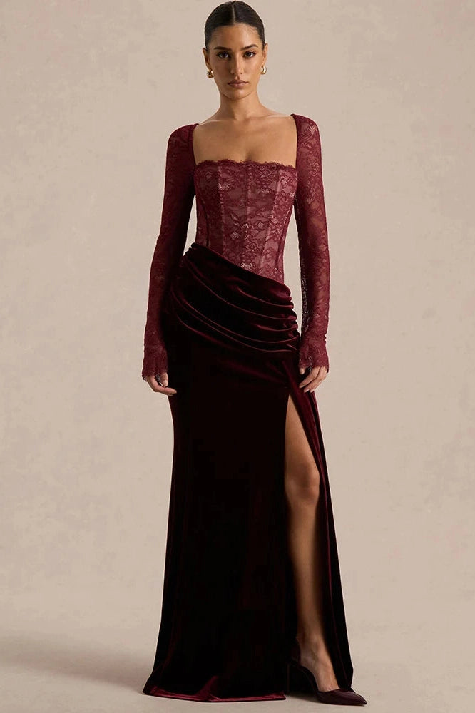 Glorol - Lace Velvet Square-Neck See Through Long Sleeve Split Maxi Dress