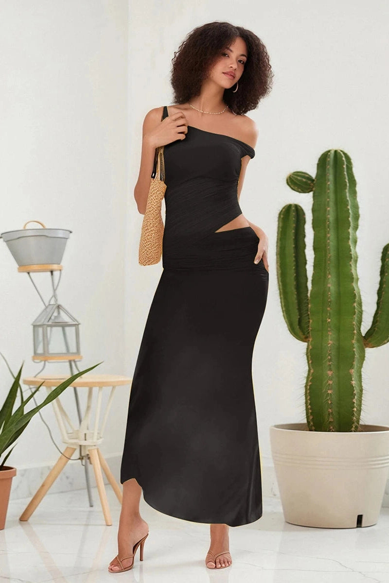 Glorol - Bodycon Slim One-Shoulder Patchwork Maxi Dress