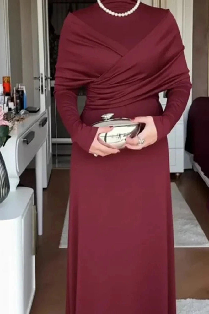 Glorol - Elegant High Waist Long Sleeve Slim Pleated Irregular Maxi Dress