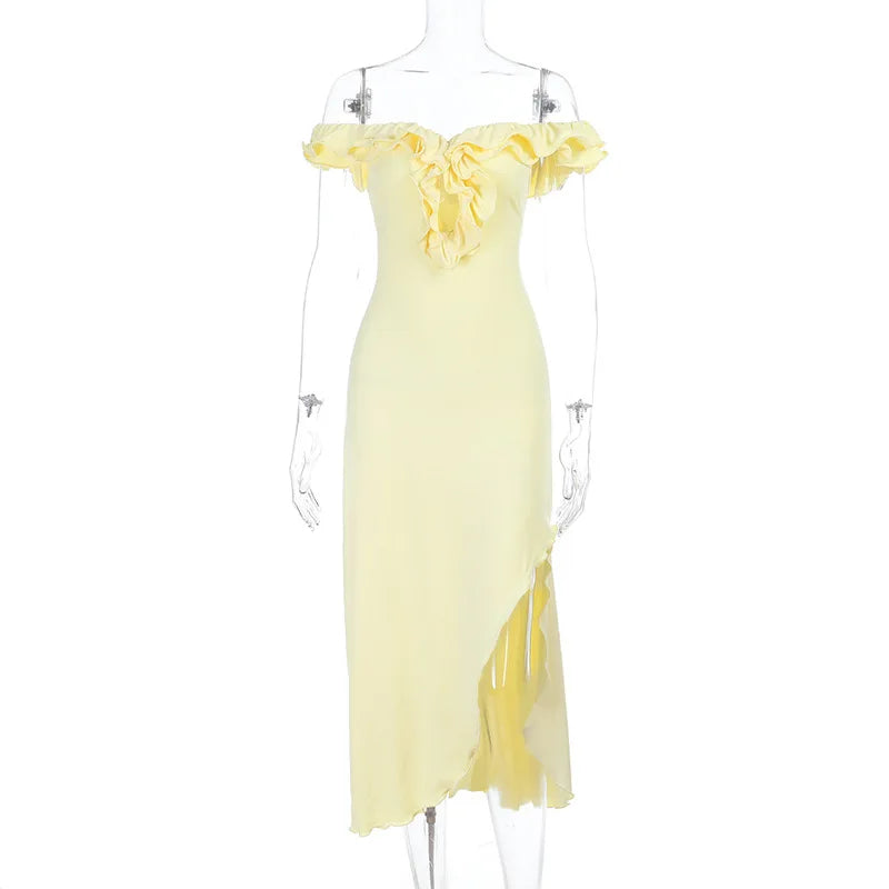 Glorol - Elegant Off Shoulder Hollow Out Midi Dress