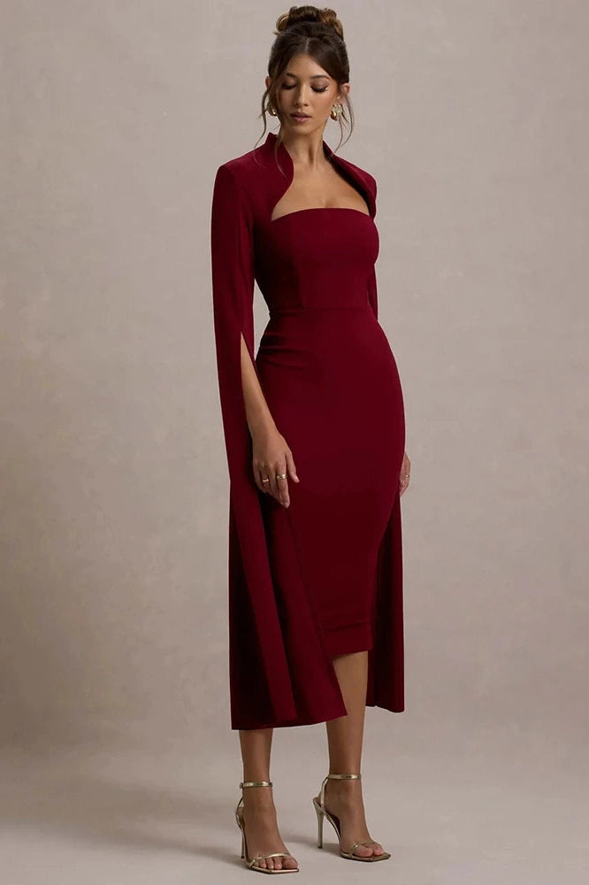 Glorol - Long Sleeve Square Collar Back Slit Bodycon Midi Dress