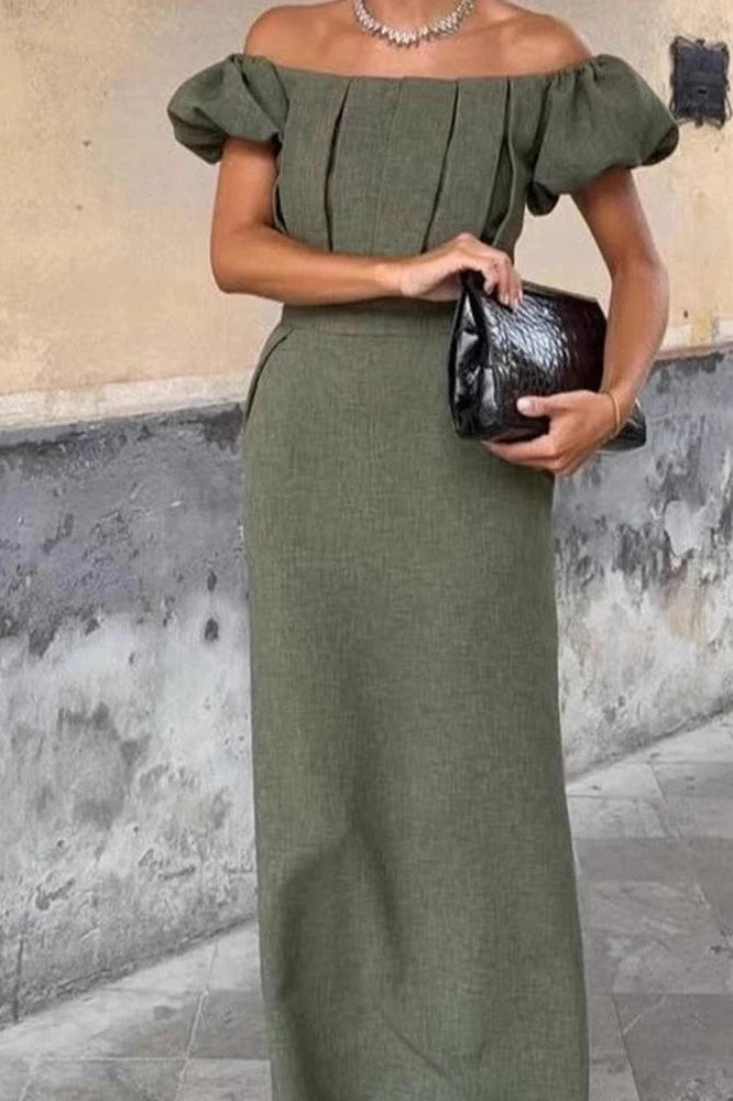 Glorol - Elegant Slim High Waist Off-Shoulder Puff Sleeve Maxi Dress