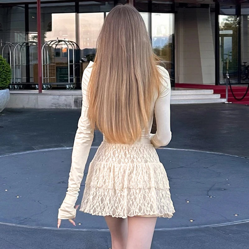 Glorol - Off Shoulder Elegant Lace Patchwork Long-Sleeved Mini Dress