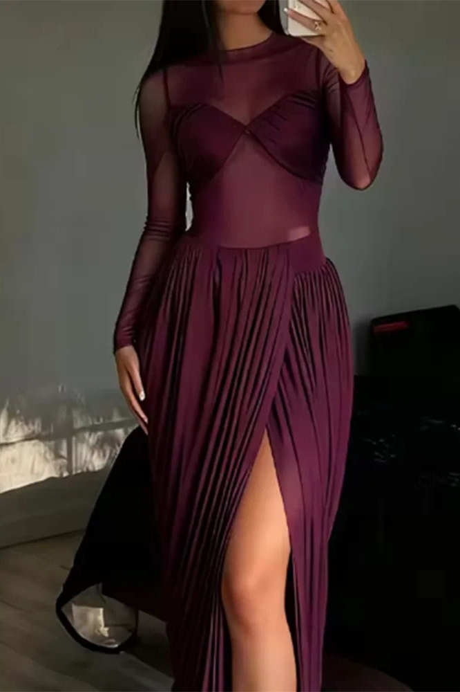 Glorol - Elegant High Waist O-Neck Pleated Irregular Maxi Dress