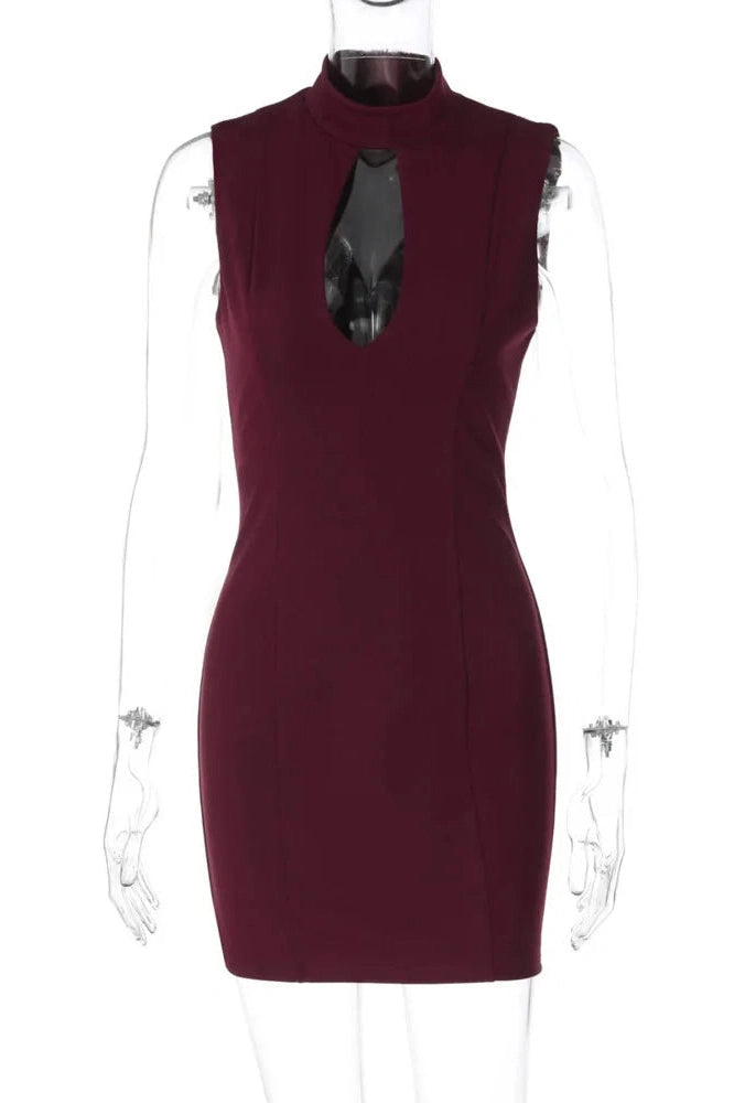 Glorol - Hollow Out Sleeveless High Collar Bodycon Mini Dress