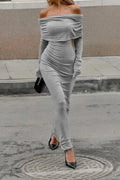 Glorol - Off-Shoulder Patchwork High Waist Slim Maxi Dress