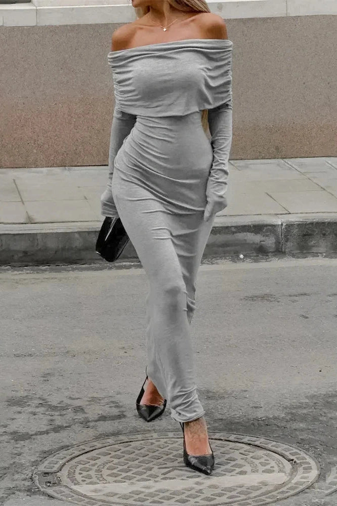 Glorol - Off-Shoulder Patchwork High Waist Slim Maxi Dress