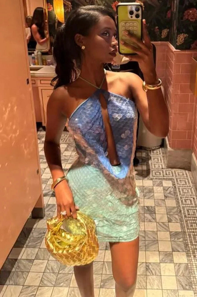 Glorol - Hollow Out Patchwork Sleeveless Backless High Waist Mini Dress