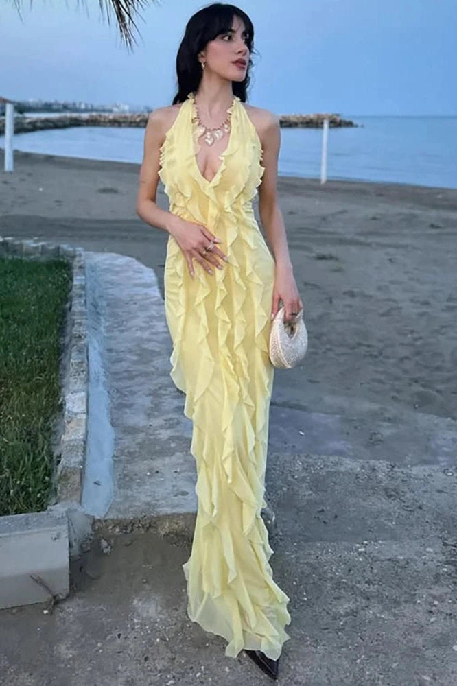 Glorol - Off-Shoulder V Neck Sleeveless Backless Bodycon Maxi Dress