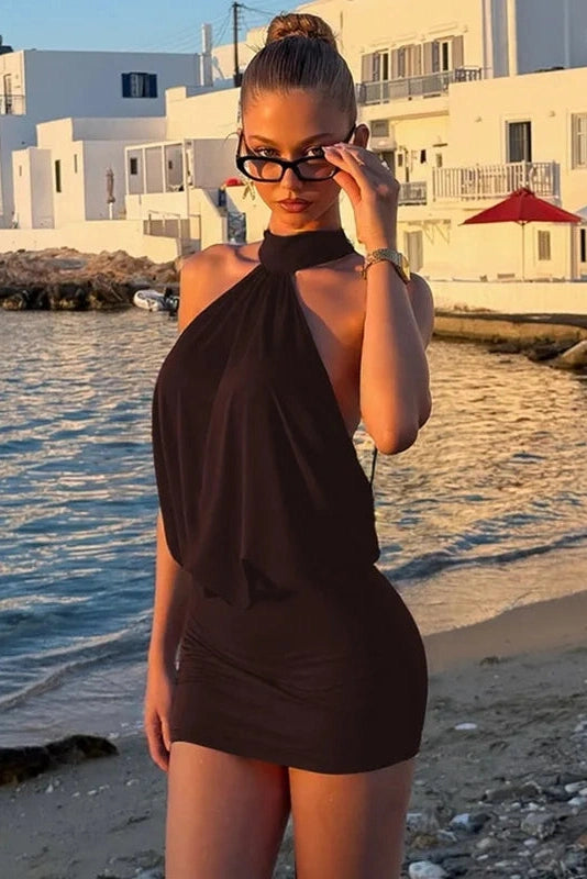Glorol - Lace-Up Backless Bodycon Slim High Waist Sleeveless Mini Dress