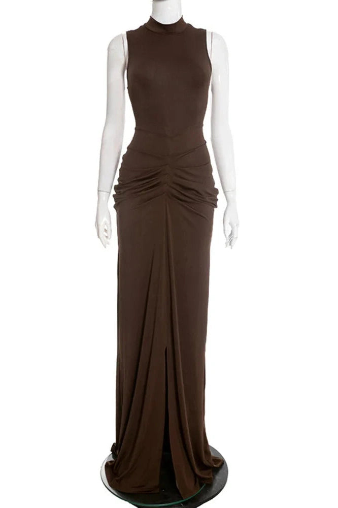 Glorol - High Collar Sleeveless High Waist Split Maxi Dress