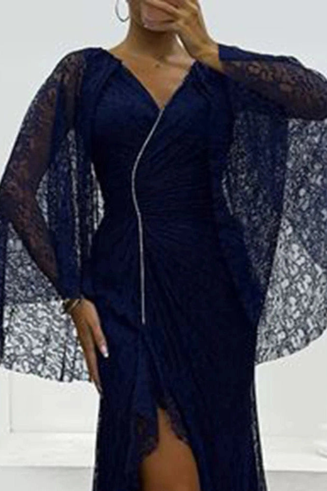 Glorol - Hollow Lace Embroidery V-Neck Slim Split High Waist Maxi Dress
