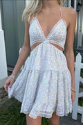 Glorol - Spaghetti Strap Backless Lace Mini Dress
