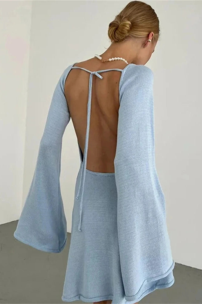 Glorol - Backless Lace-Up Long Sleeve High Waist Mini Dress
