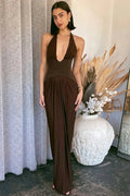 Glorol - Deep V Neck Backless Sleeveless High Waist Pleated Maxi Dress