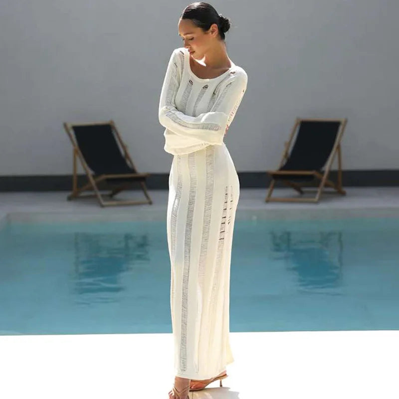 Glorol - Hollow Out See Through Backless Round Neck Maxi Dress