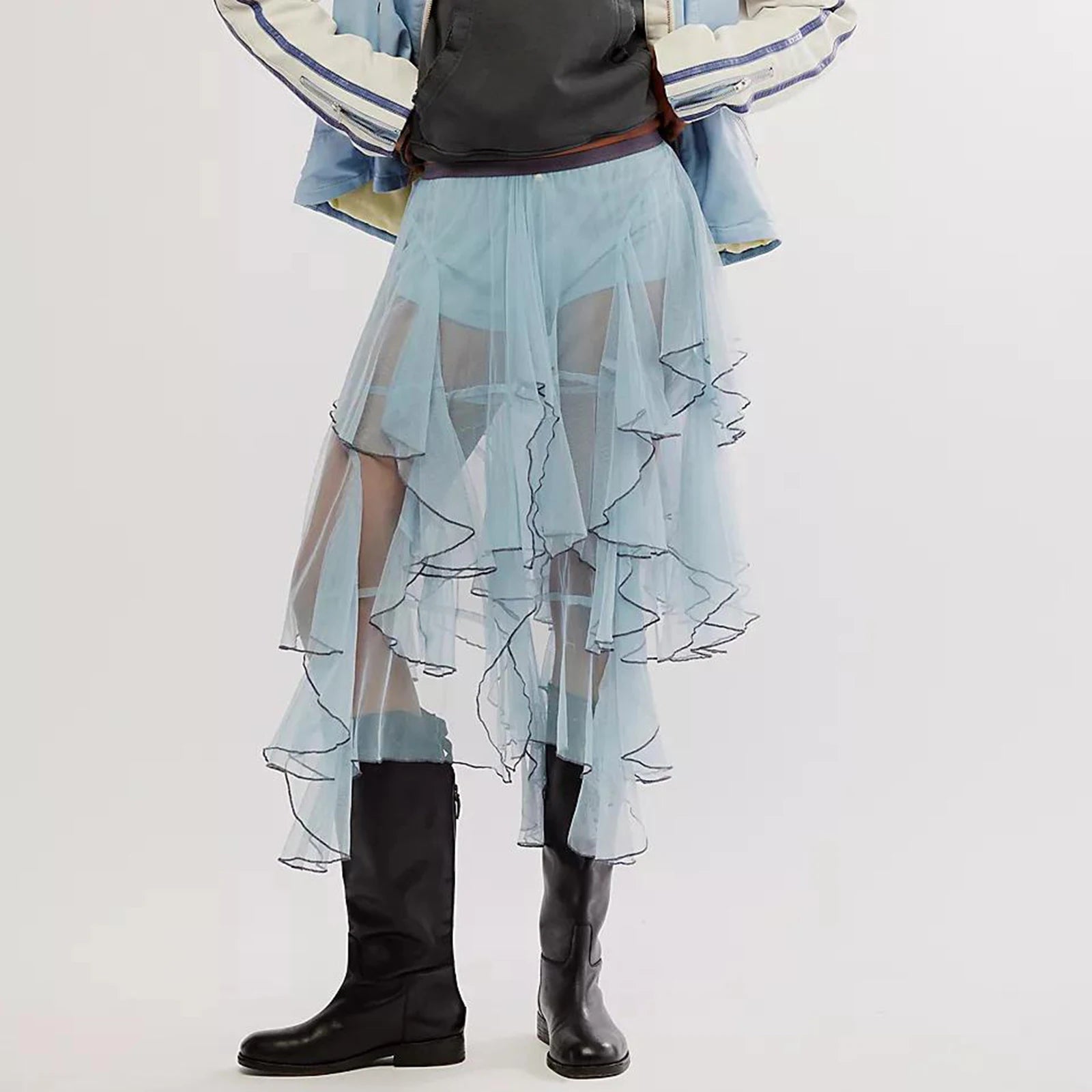 Glorol - Sheer Tulle Irregular Layered Elastic Skirt
