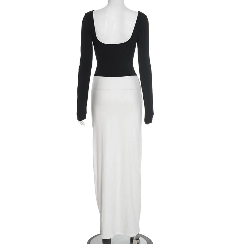 Glorol - Backless Round Neck Patchwork Long Sleeve Maxi Dress
