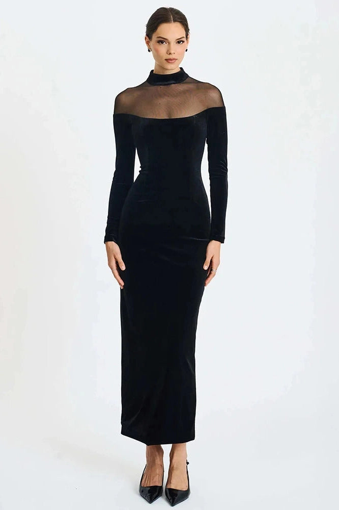 Glorol - Off-Shoulder Long Sleeve High Collar Backless Bodycon Maxi Dress