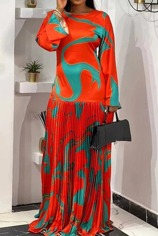Glorol - Long Sleeve High Waist Printed O-Neck Maxi Dress