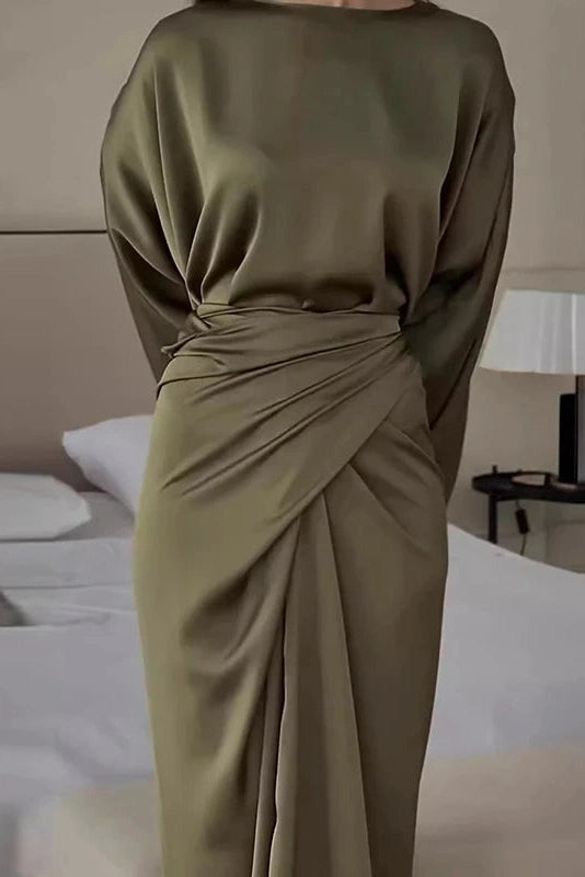Glorol - Elegant Tie-up Waisted O Neck Sleeves Maxi Dress