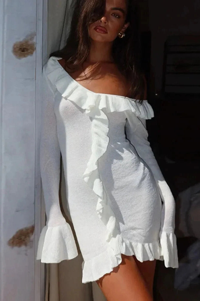 Glorol - Elegant Knitted Long Sleeve Slim V Neck Mini Dress