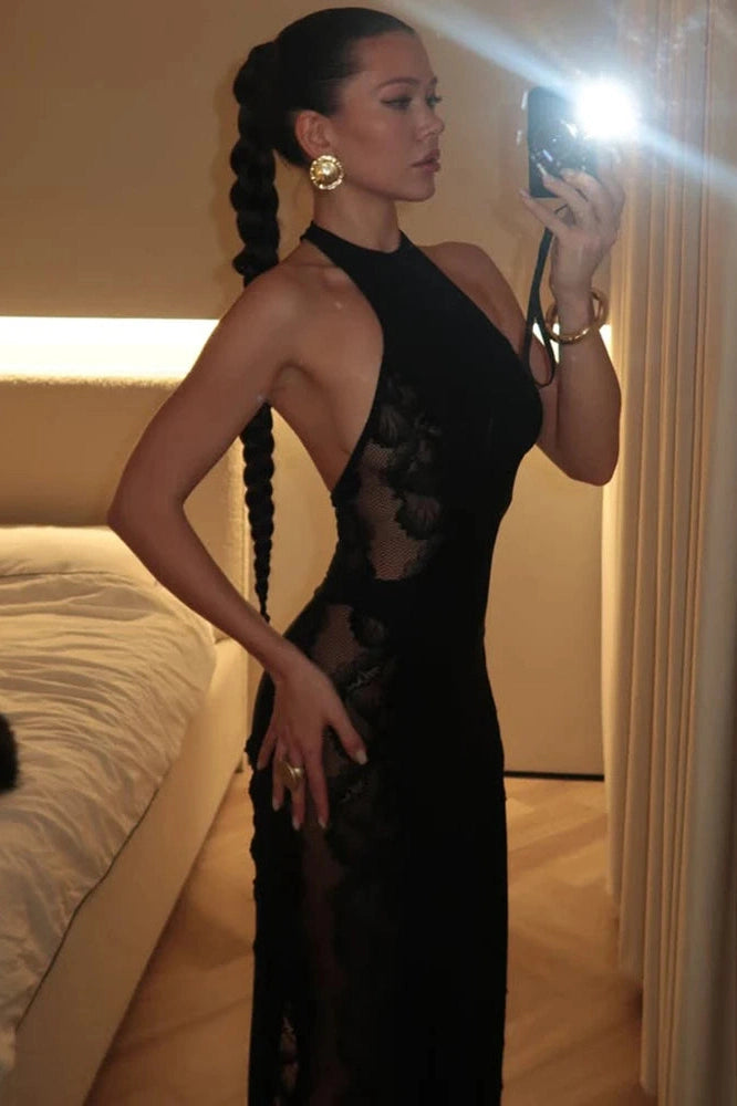 Glorol - Lace Printed Backless Patchwork Off-Shoulder Sleeveless Bodycon Maxi Dress