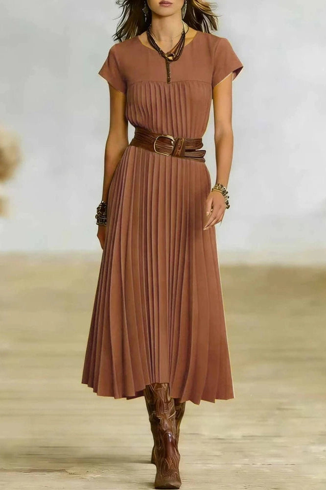 Glorol - O-Neck Short Sleeve Pleated Loose High Waist Midi Dress