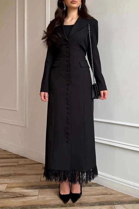Glorol - Long Sleeve Single Breasted V-Neck Lace Maxi Dress