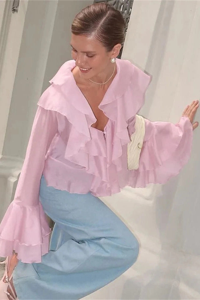 Glorol - Patchwork V-Neck Long Sleeve Loose Top