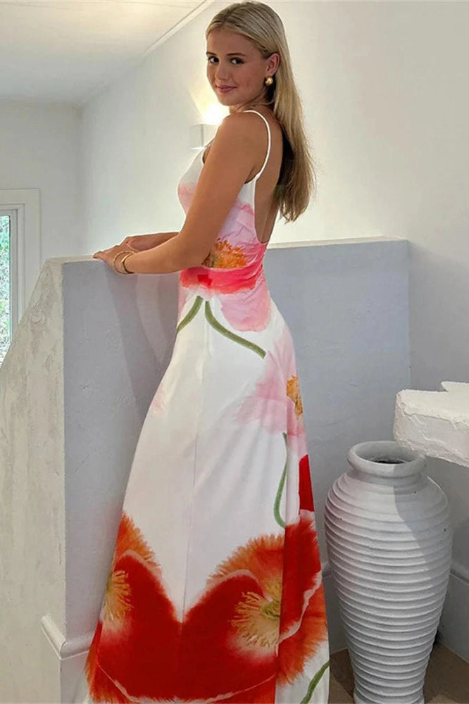 Glorol - Printed Spaghetti Straps Backless Maxi Dress