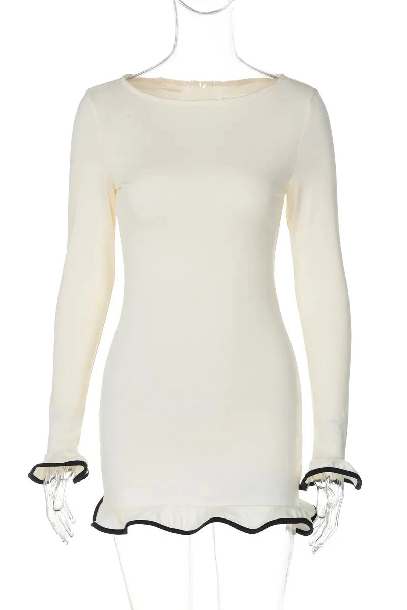 Glorol - Elegant Slim Fit Patchwork Long Sleeve Backless Midi Dress
