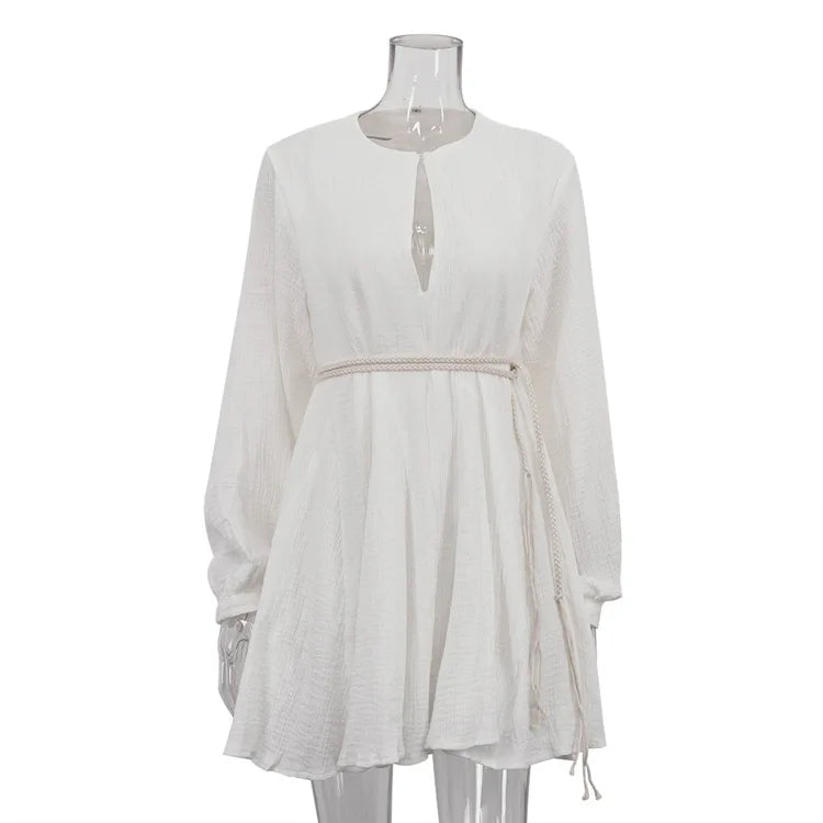 Glorol - Long Sleeve V Neck Lace Up A-Line Mini Dress