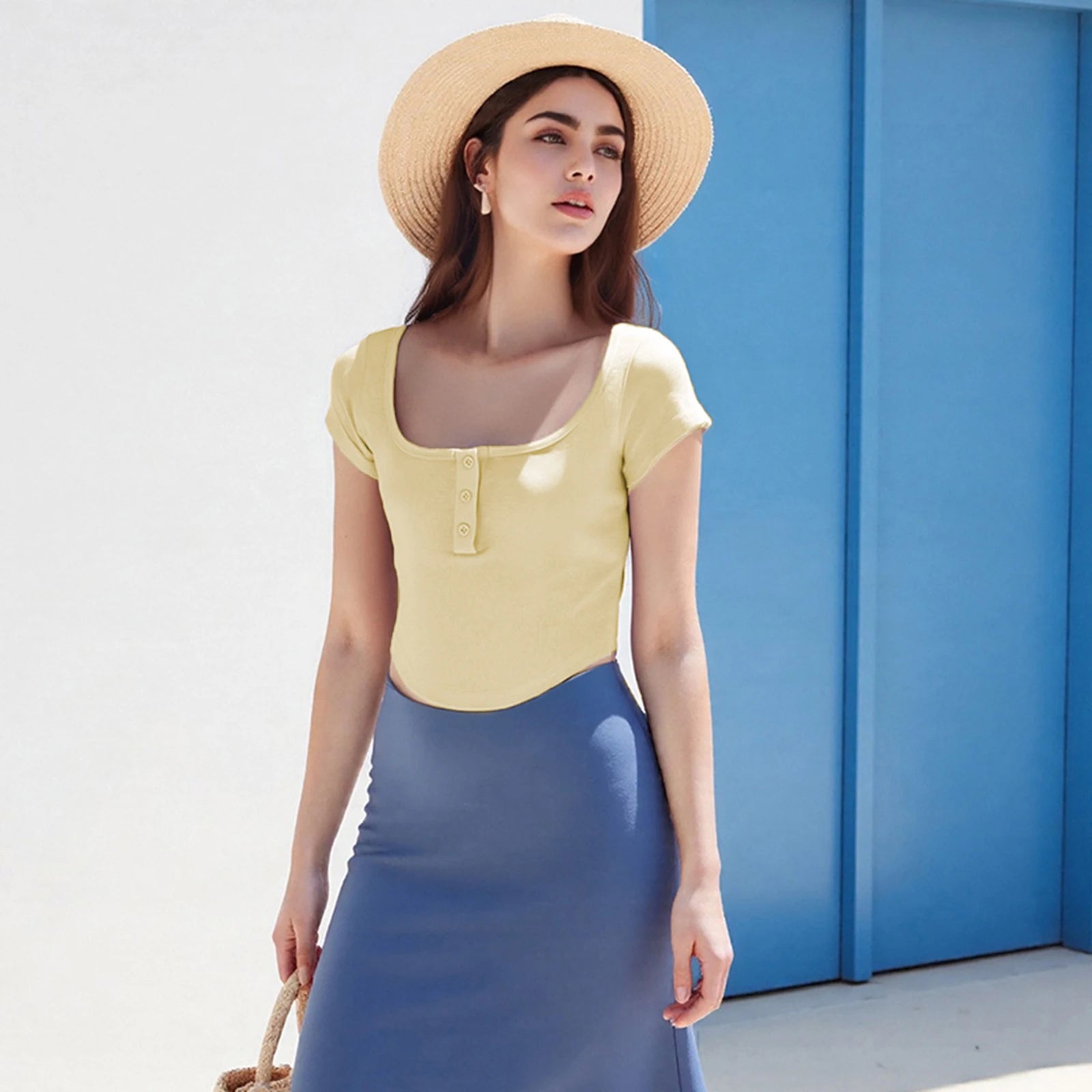 Glorol - Button-Up Scoop Neck Sleeve Slim Top