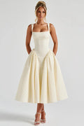 Glorol - Plaid Printed Spaghetti Strap High Waist A-line Backless Midi Dress