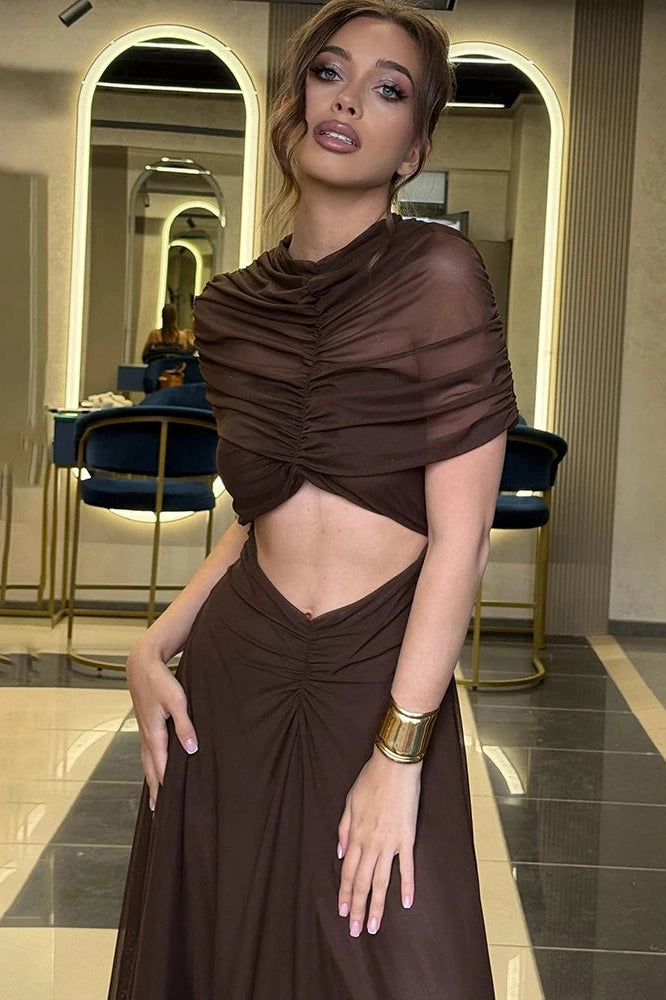 Glorol - Hollow Out Short Sleeve O Neck High Waist Bodycon Maxi Dress