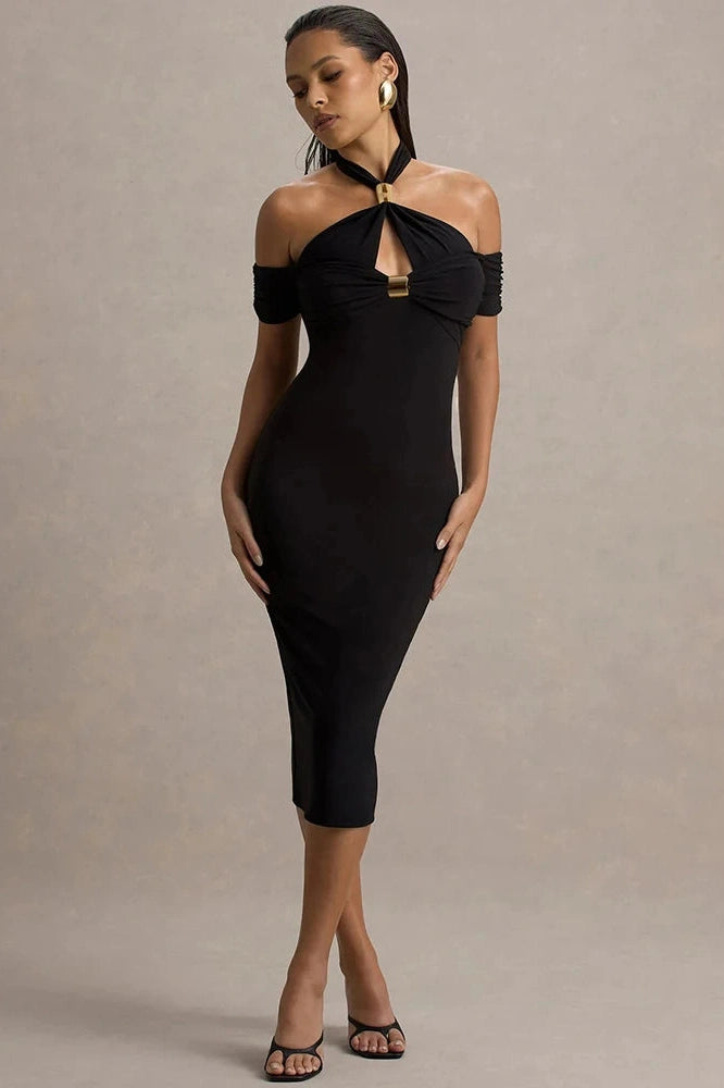 Glorol - Hollow Out Backless Off-Shoulder Sleeveless Midi Dress