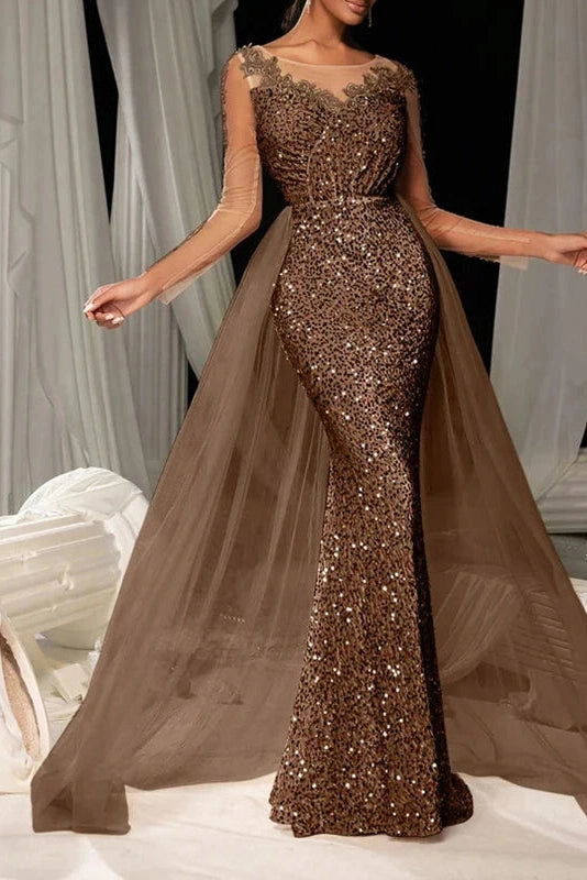 Glorol - Elegant High Waist Long Sleeve Slim V-Neck Lace Maxi Dress