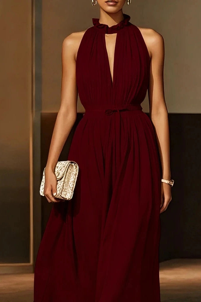 Glorol - Elegant Off-Shoulder Sleeveless High Waist Backless Pleated Midi Dress