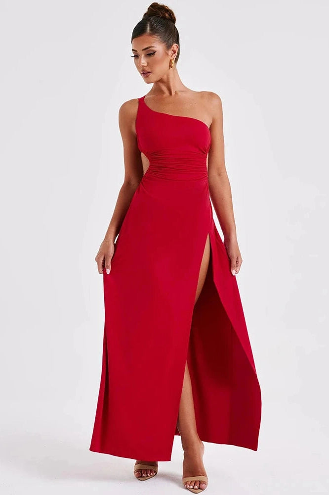 Glorol - One Shoulder Diagonal Collar Backless Maxi Dress