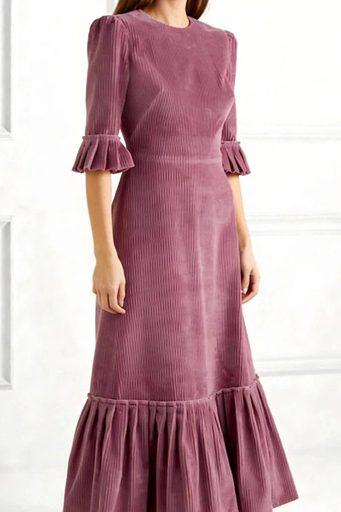 Glorol - Elegant Half Sleeve Pleated High Waist Slim Maxi Dress