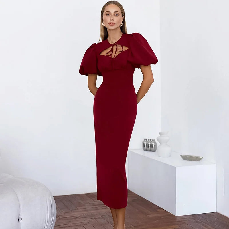 Glorol - Elegant Hollow Out Lace-Up Patchwork Maxi Dress