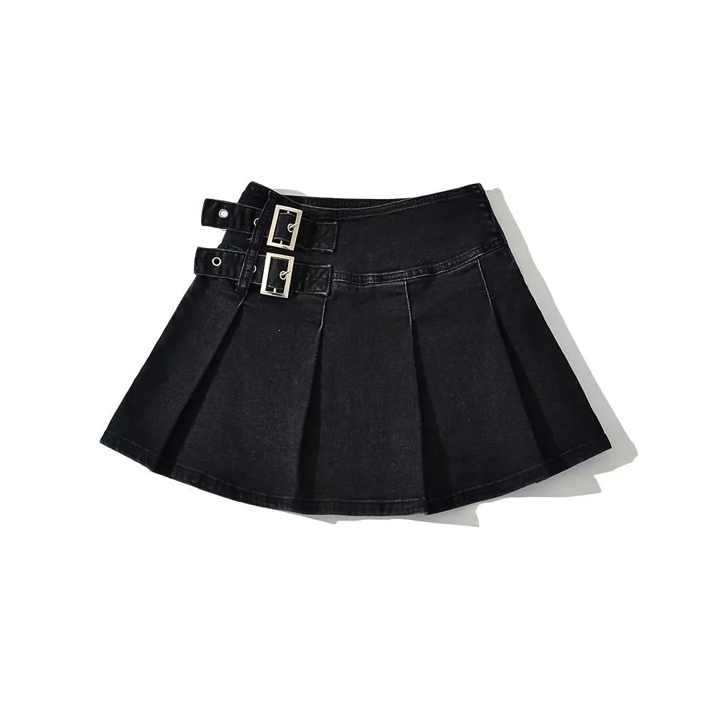 Glorol - Pleats Belt High Street Jeans Skirt